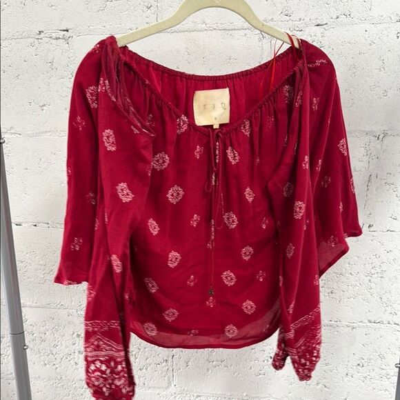 Women's Red Bohemian Top Bandana Pattern - Long Sleeve Open - Size Small - Picture 1 of 4